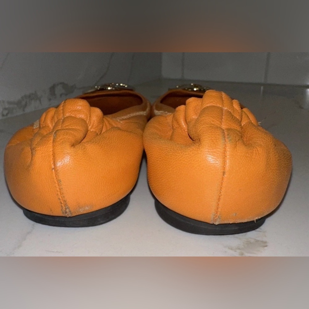 Tory Burch Womens Size 5  Reva Leather Ballet Flats Orange Gold T Logo Buckle - Picture 7 of 16